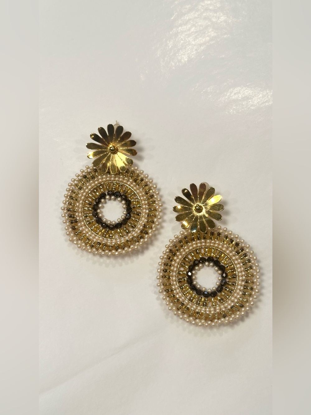 Gold Floral Beaded Statement Earrings Cream & Smoky Brown
